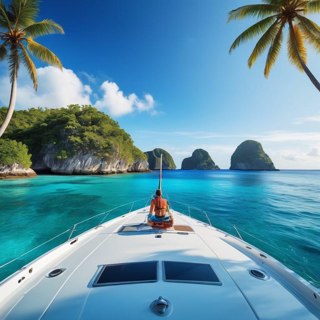 A serene yacht sailing through crystal-clear blue waters, surrounded by beautiful tropical islands under a bright sunny sky. In the foreground, a diverse group of adventurers joyfully enjoying their time on the yacht, symbolizing protection and freedom. Include icons of insurance and safety gear subtly integrated into the scene to represent marine liability. Use vibrant colors and a realistic style to evoke a feeling of adventure and security.