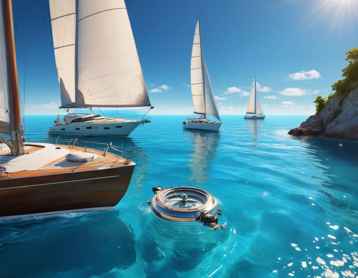 An elegant yacht sailing through serene azure waters, surrounded by a variety of watercraft like sailboats and jet skis. In the foreground, a compass and nautical maps symbolize insurance options. The backdrop features a clear sky and distant coastline, emphasizing adventure and coverage. super-realistic. vibrant colors. peaceful ambiance.