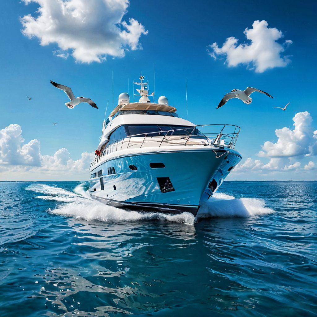 A luxurious yacht gliding over crystal-clear blue waters under a sunny sky, with a dock in the distance showcasing various insurance icons like a shield and lifebuoy symbolizing protection. Include elements like gentle waves and seagulls in flight to create a serene feeling. The yacht should be sleek and modern, showcasing a sense of adventure and security. super-realistic. vibrant colors. 3D.